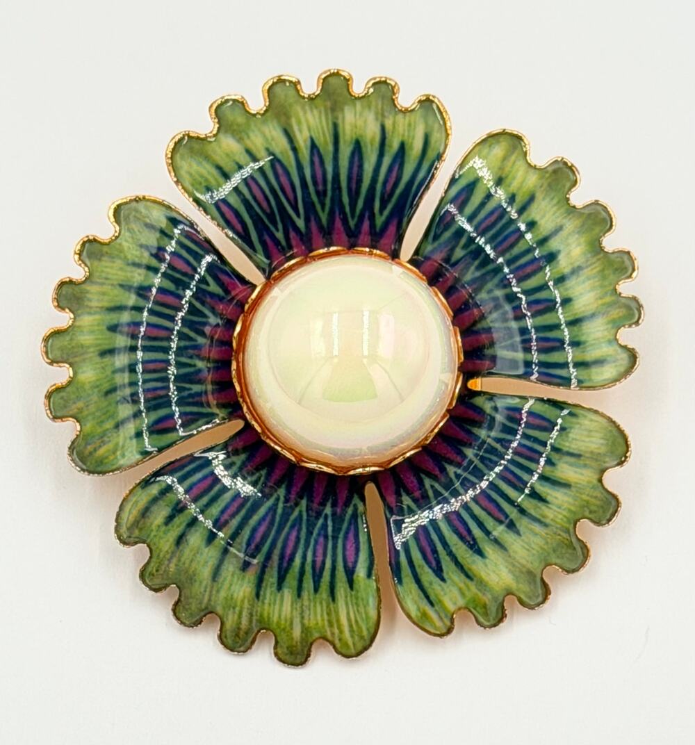 Vintage Whimsical Enamel Flower Robert Rose Brooch Green Blue Faux Pearl